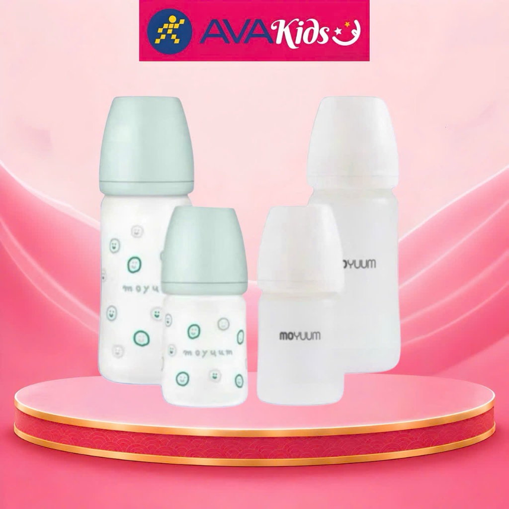 Bình sữa moyuum thủy tinh tráng silicon mẫu trơn và hoạ tiết hàng nhập khẩu chính hãng