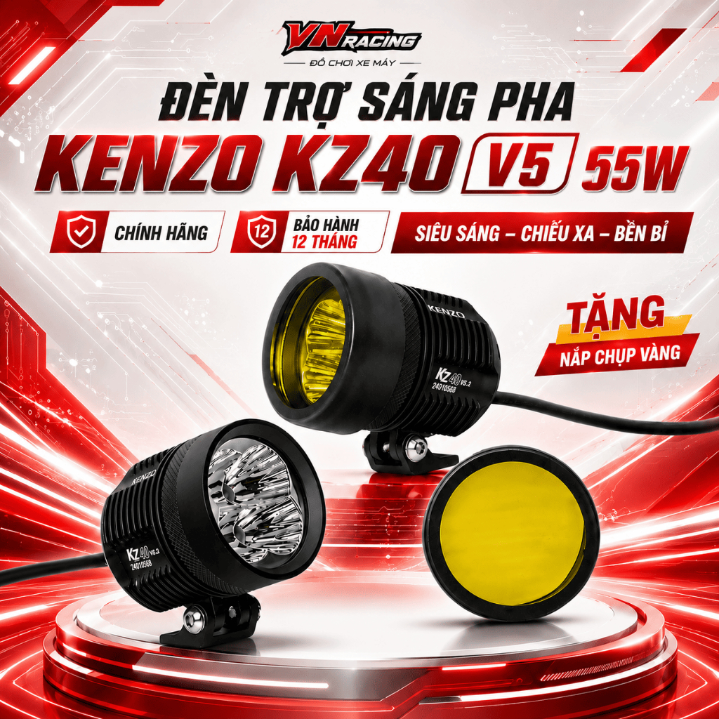 Đèn Trợ Sáng Kenzo KZ40 V5.0 70W Siêu Sáng Ánh Sáng Mạnh Chống Nước Gắn Xe Máy Ô Tô Chính Hãng
