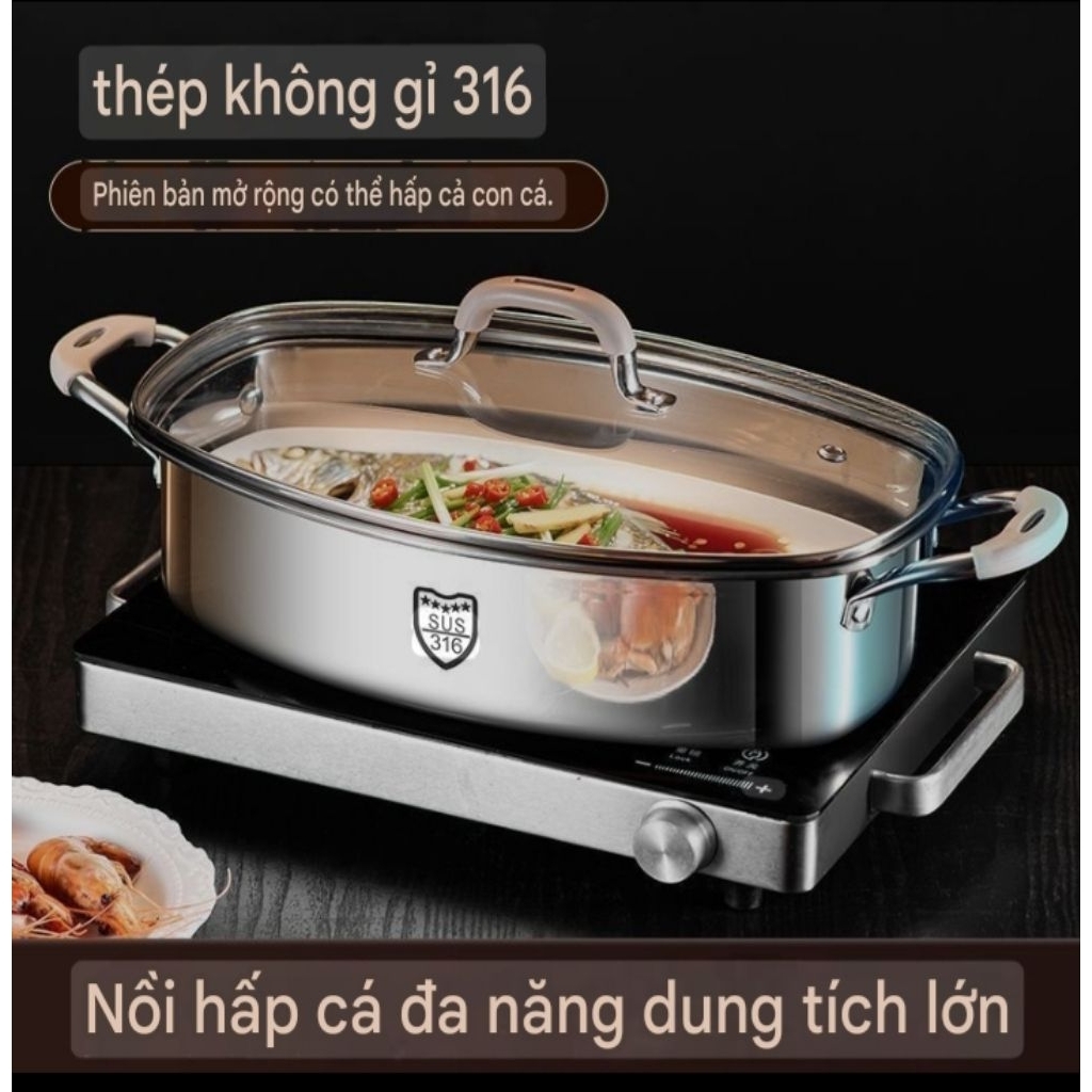 Nồi hấp cá Inox.Nồi hấp cá hình bầu dục.Nồi om cá,dùng bếp từ, bếp điện,bếp gas.