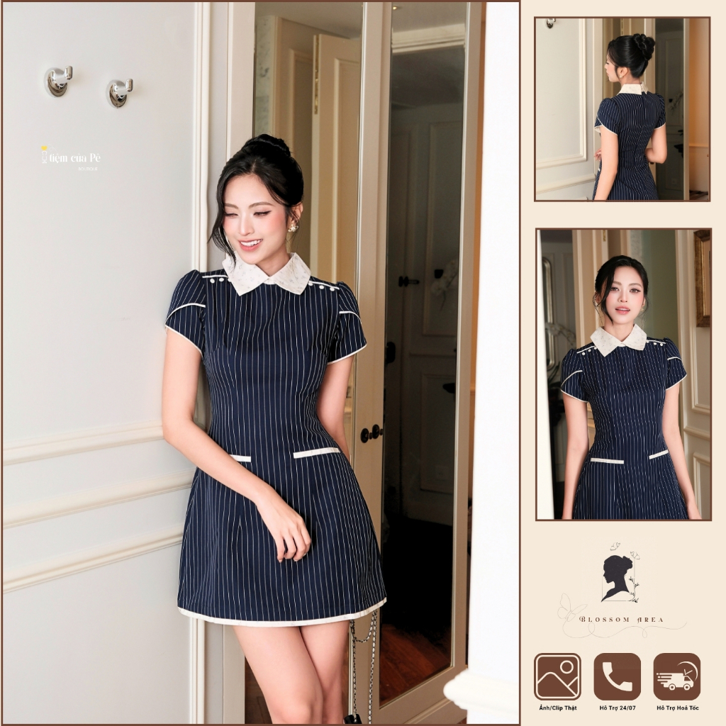 Emie look - Váy công sở cổ sơ mi, chất sọc kẻ Thái phối hoa nhí, chuẩn form