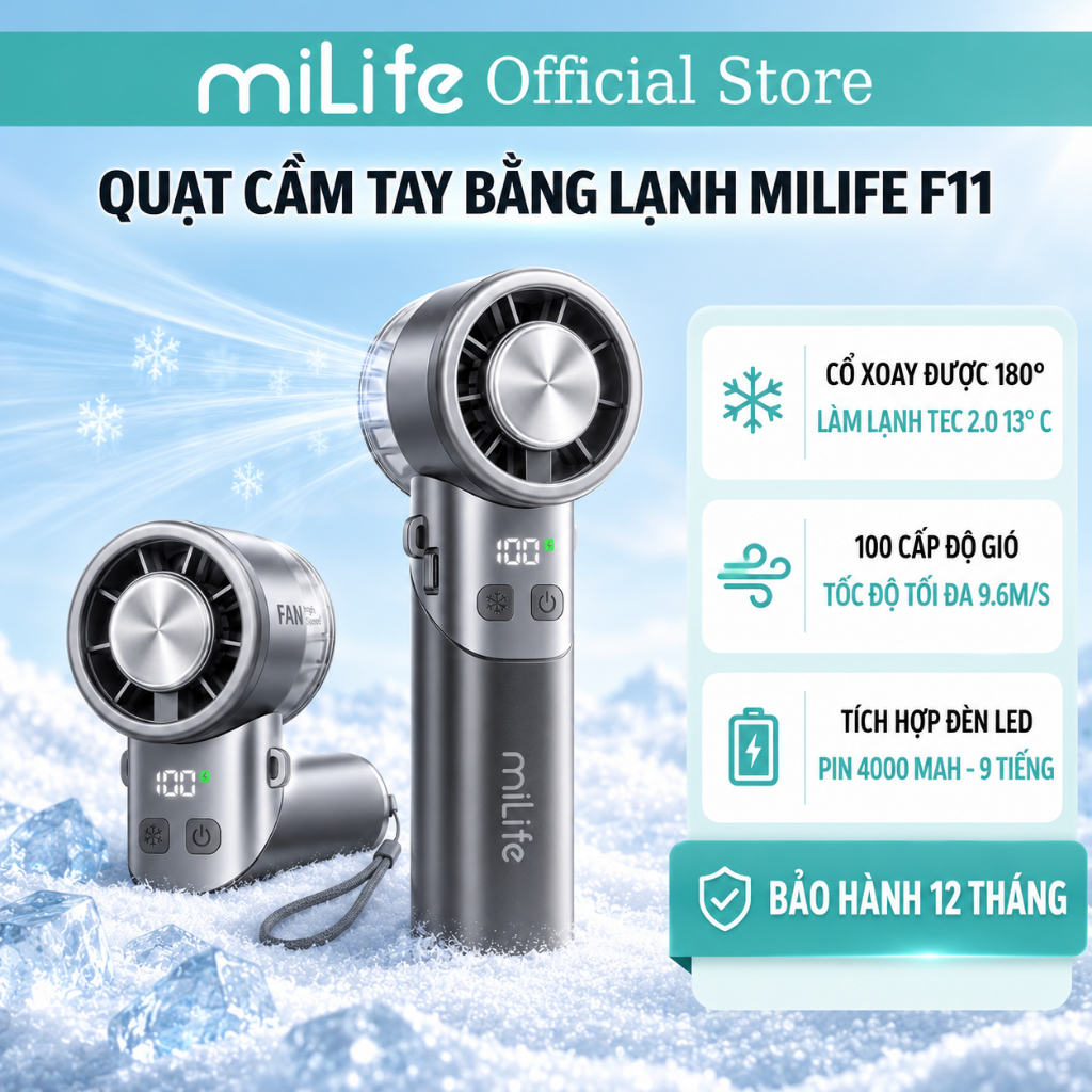 Quạt cầm tay sò lạnh miLife F11 thân xoay 180 độ, pin 4000mAh 9 tiếng, gió 9.8m/s