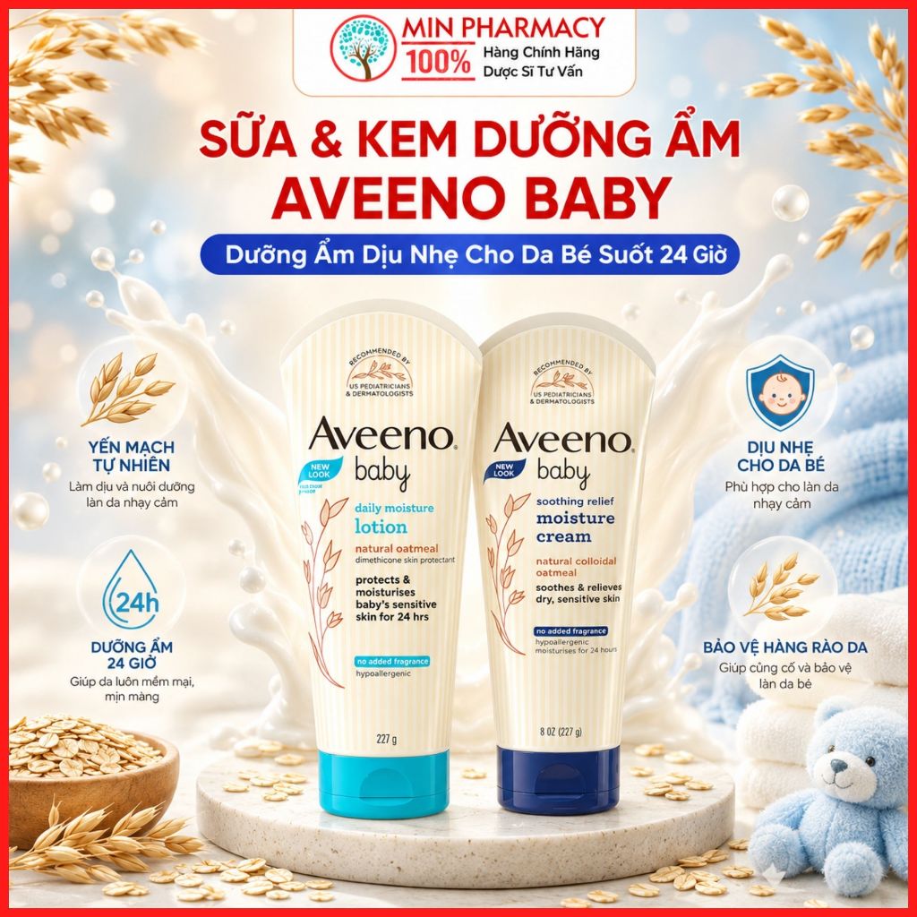 Dưỡng Ẩm Aveeno Baby Chính Hãng Dịu nhẹ - Sữa Dưỡng Daily Lotion 227ml & Kem Dưỡng Làm Dịu Soothing 