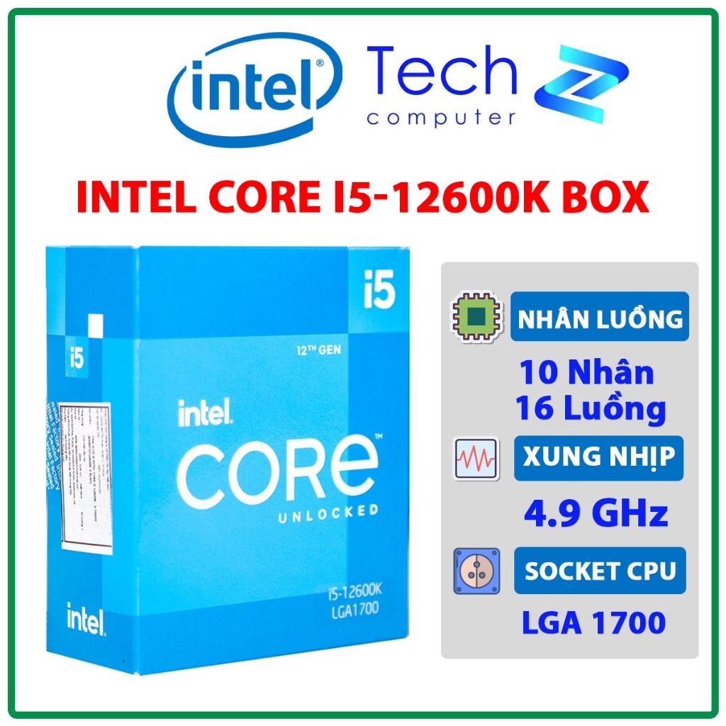CPU Intel Core I5 12600K | LGA1700, Turbo 4.90 GHz, 10C/16T, 20MB, Box Chính Hãng