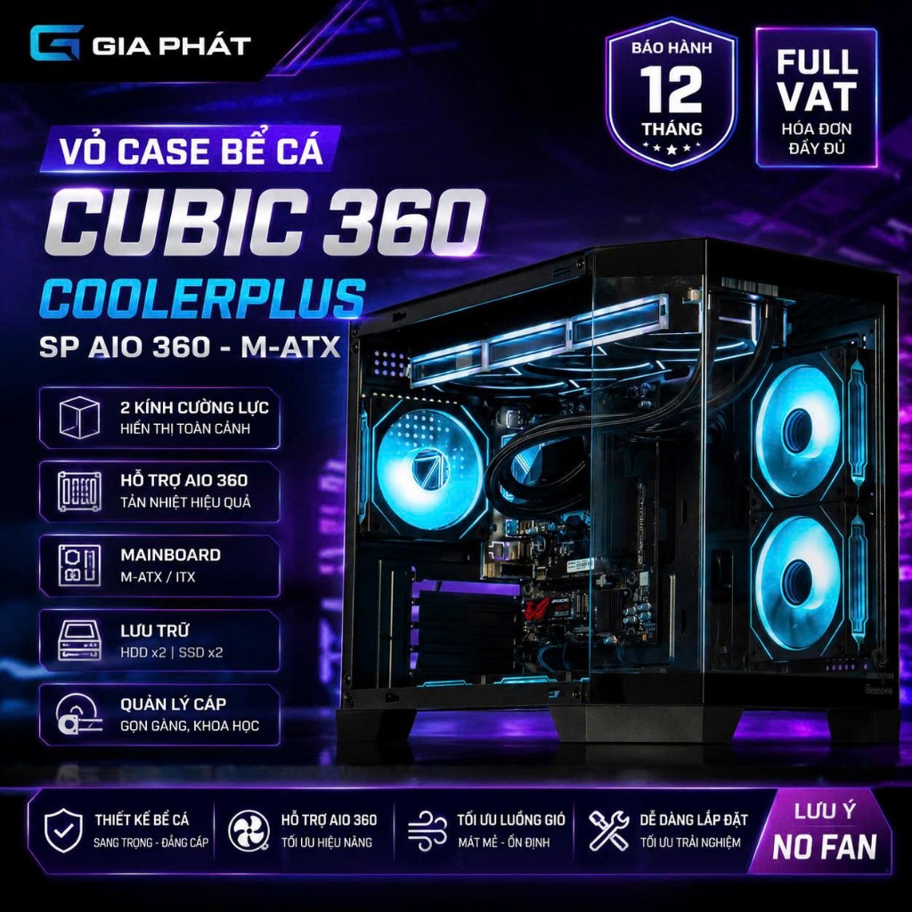 Vỏ case bể cá Cubic 360 Coolerplus - SP AIO 360 - M-ATX 2 kính cường lực - FULL VAT ( NO FAN)