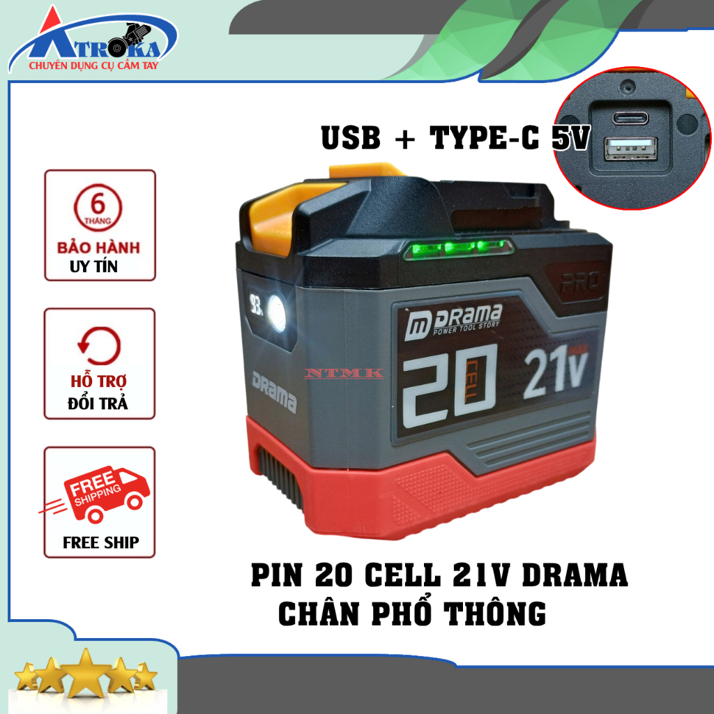 Pin 20 cell Drama PRO có cổng usb typec 5v 20w đèn led cell xanh 21v chân phổ thông mạch 4 mosfet