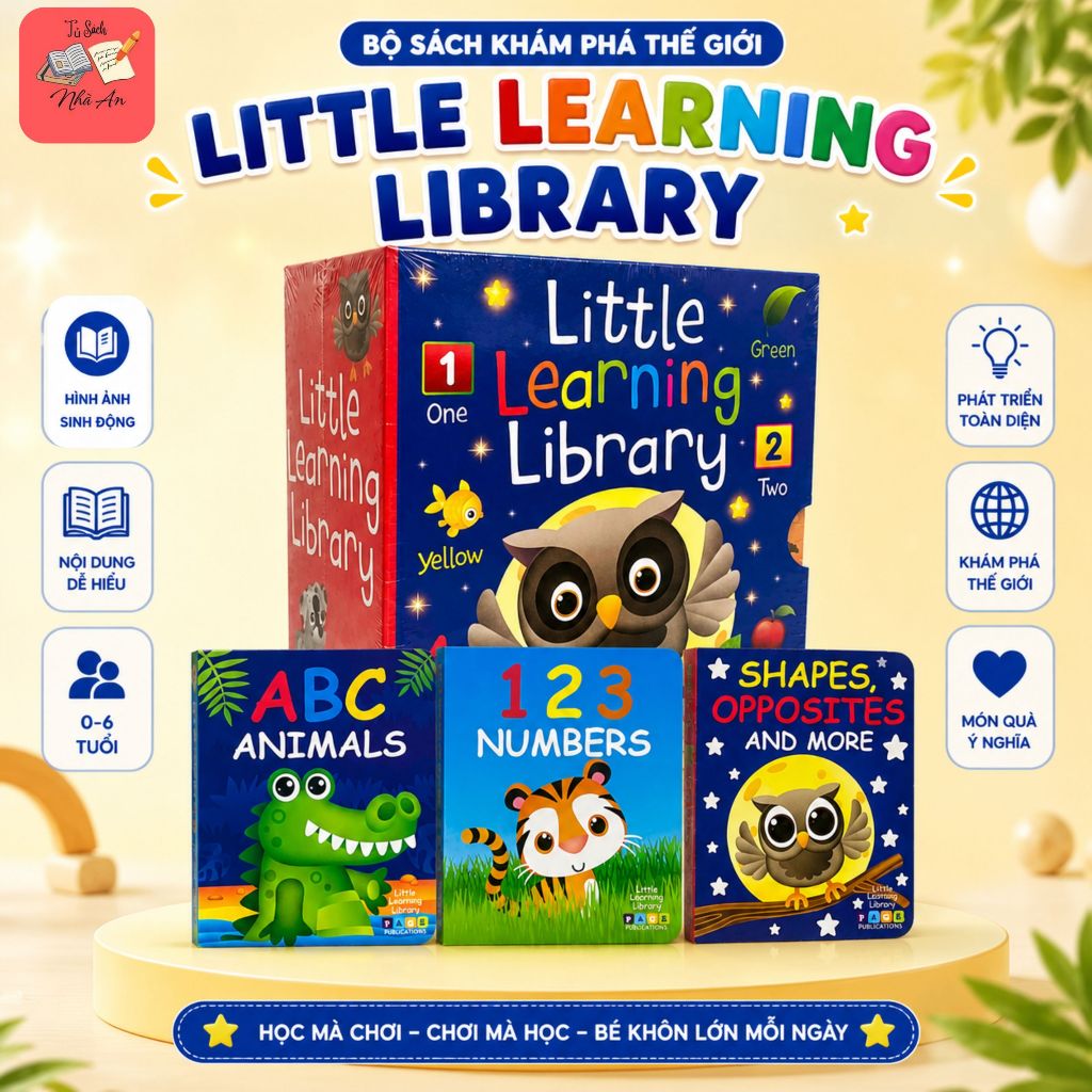 Sách - Little Learning Library, Boxet 3 cuốn | ABC Animals, 123 Numbers, Shapes Opposites Board Book