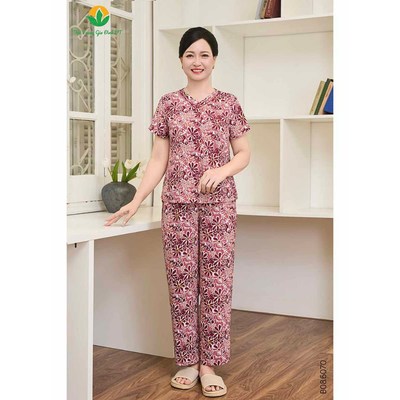 Đồ bộ lanh tole mặc nhà nữ trung niên Việt Thắng, quần dài, áo cộc tay- B08.6070