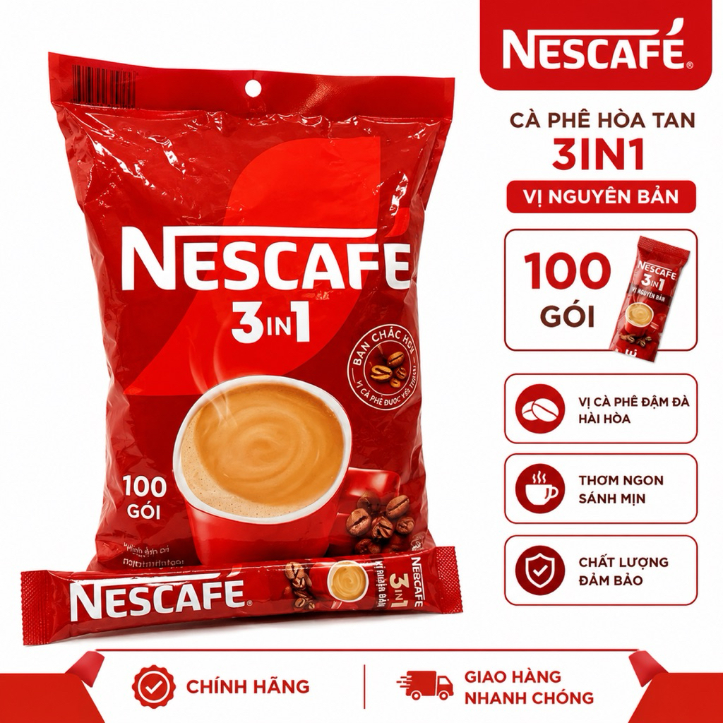 Cà phê Nescafe 3in1 vị nguyên bản, bịch 100 gói *16g - Coffee
