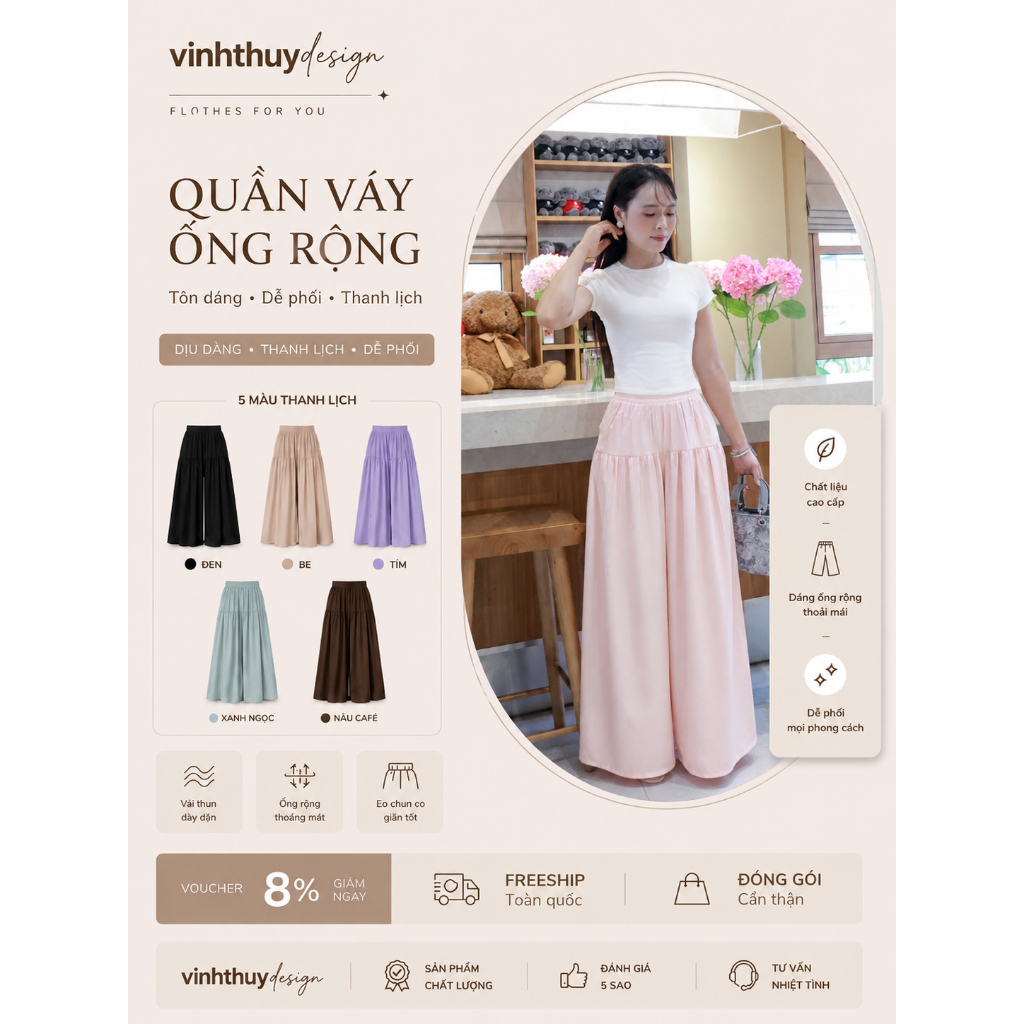 Quần ống rộng nhún 2 tầng cạp chun basic có big size dáng váy xoè nhẹ mặc mát màu hồng xanh be ghi n