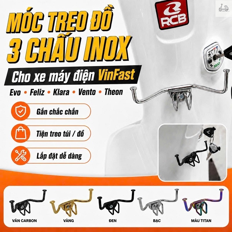 Móc Treo Đồ Xe Máy Điện VinFast 3 Chấu Inox, Gắn Chắc Chắn Cho Evo Feliz Klara Vento Theon