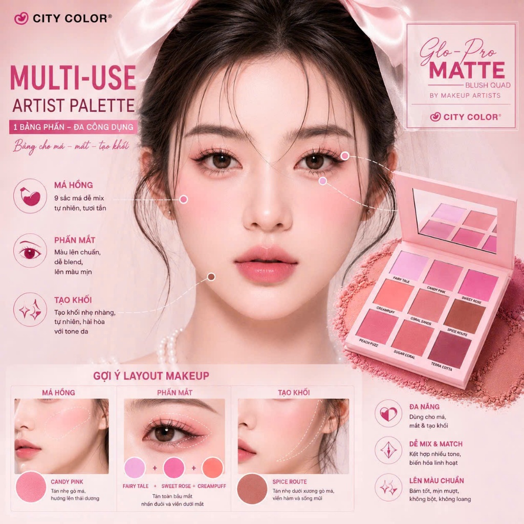 Má hồng CITY COLOR Glo-Pro Matte  9 ô (tặng 1 tuýp Kem lót dạng gel  Mattifying Primer Matte Finish 