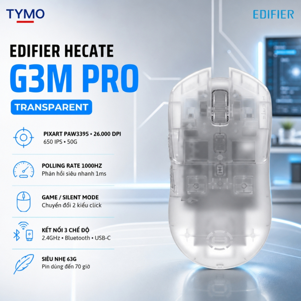 Chuột Không Dây EDIFIER HECATE G3M Pro Transparent | PAW3395 | 26000 DPI | 3 Chế Độ