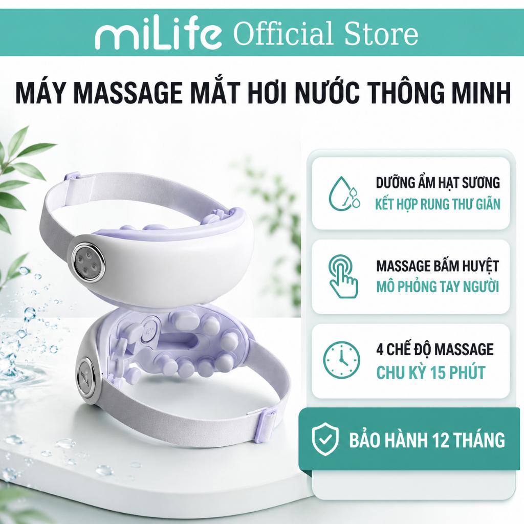 Máy massage mắt bấm huyệt miLife E4 Pro phun sương chườm ấm, 4 chế độ massage