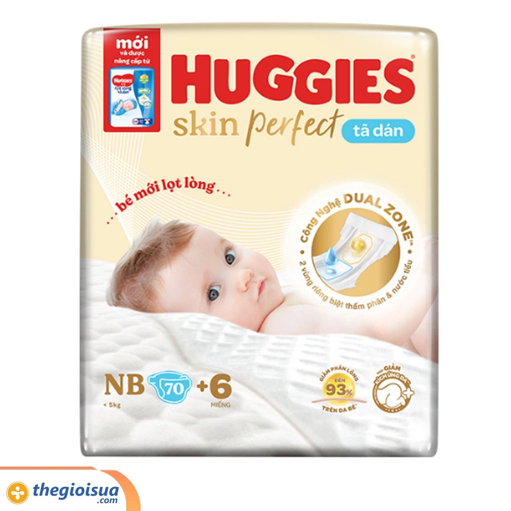 Tã Dán Huggies Skin Perfect Mega Jumbo Size NB 70+4 Dán
