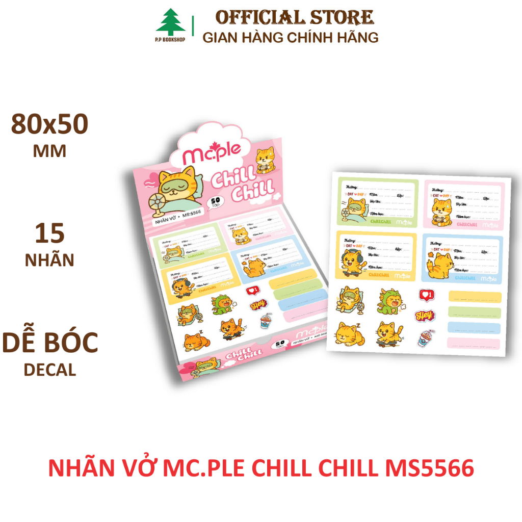 5566 - Tập nhãn vở Mc.ple CHILLCHILL 15 nhãn/túi, kích thước 80x50mm/nhãn - Nhãn tên bóc dán tiện lợ