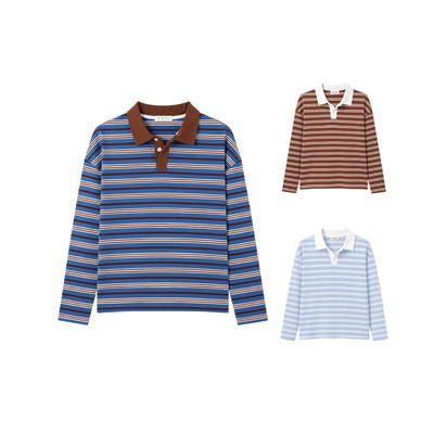 TUBYCATU Áo Retro Polo Nữ Dài Tay Họa Tiết Sọc Ngang Phong Cách Cổ Điển
