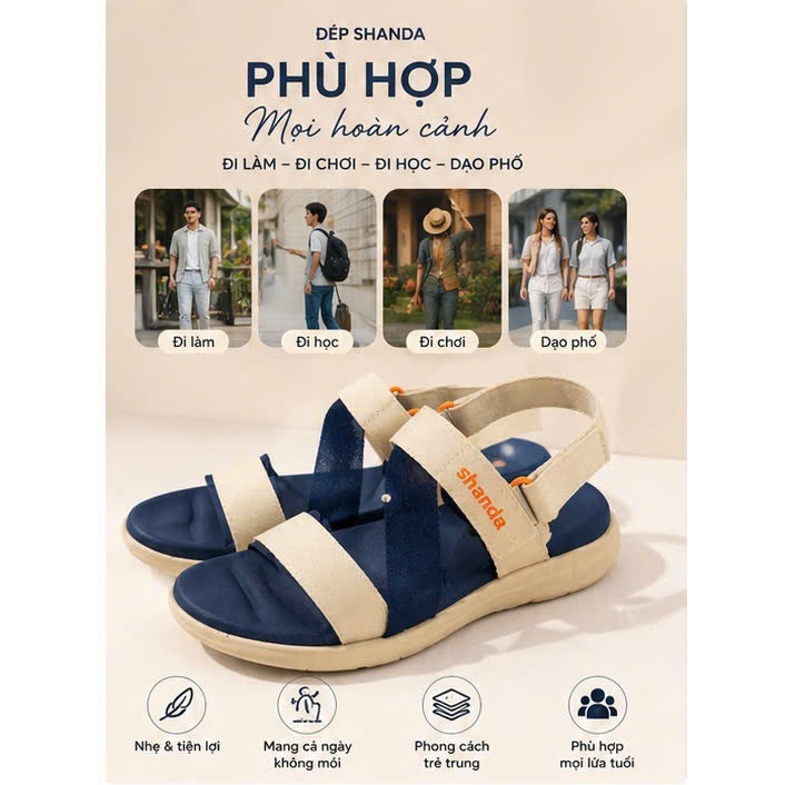 Shandal Nam Nữ Shando F6 Dép Quai Hậu Mang Êm Chân Bền Bỉ Màu Kem Xanh  Bảo Hành 12 Tháng.