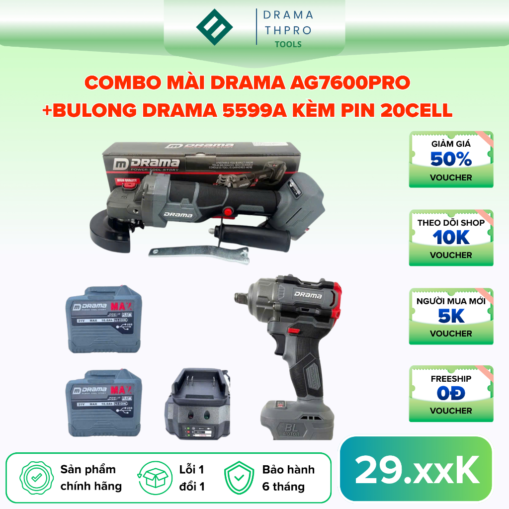 COMBO mài DRAMA AG7600PRO+bulong DRAMA 5599A kèm pin 20cell, tùy phân lọaI