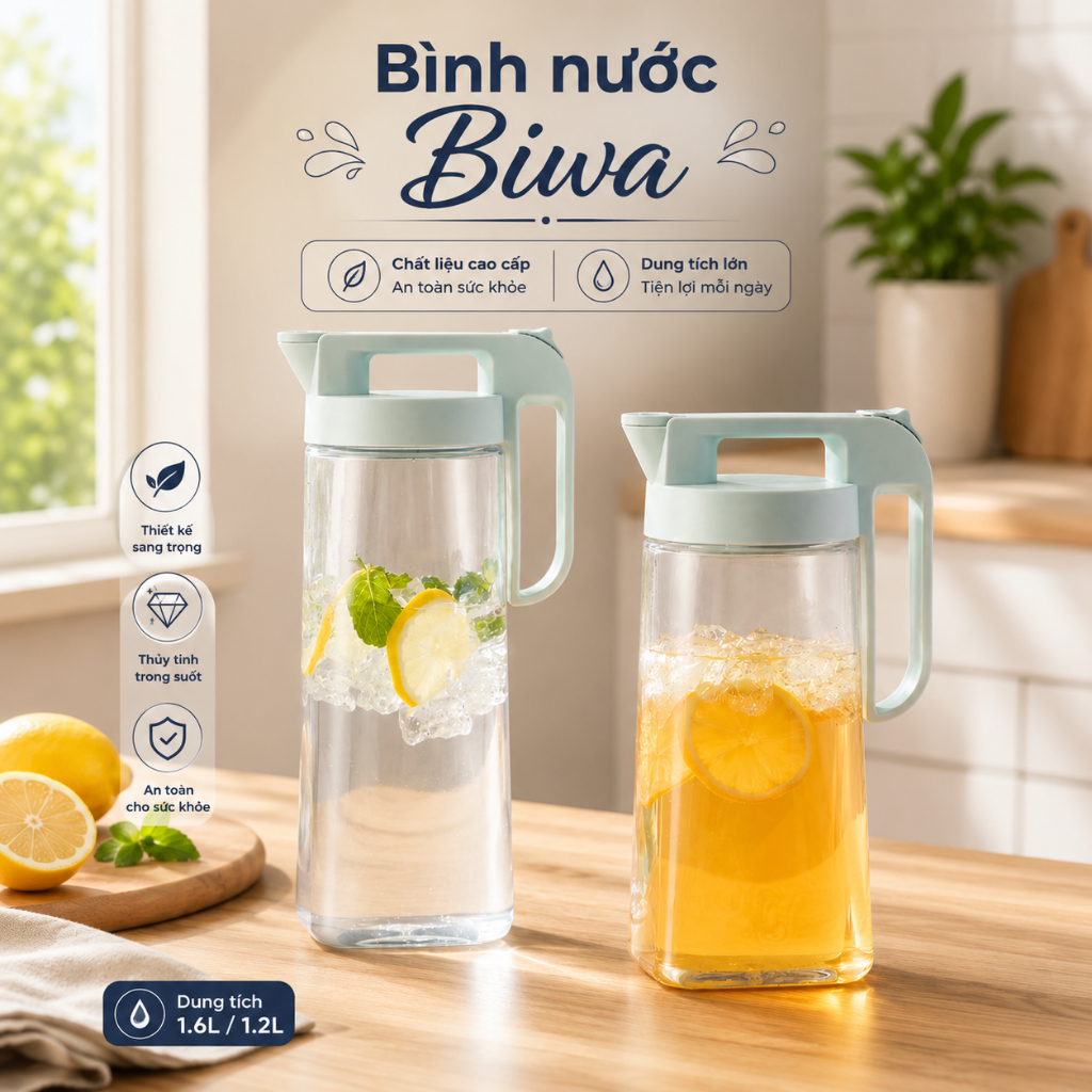 Bình nước Biwa Plus inochi. Bình đựng nước sôi, có khóa nắp tiện lợi, bình nhựa không mùi