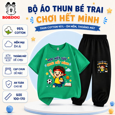 BOBDOG, set quần áo bé trai , bộ đồ cho bé áo cổ tròn phối quần dài chất cotton mềm mát thoải mái năng động đến trường.