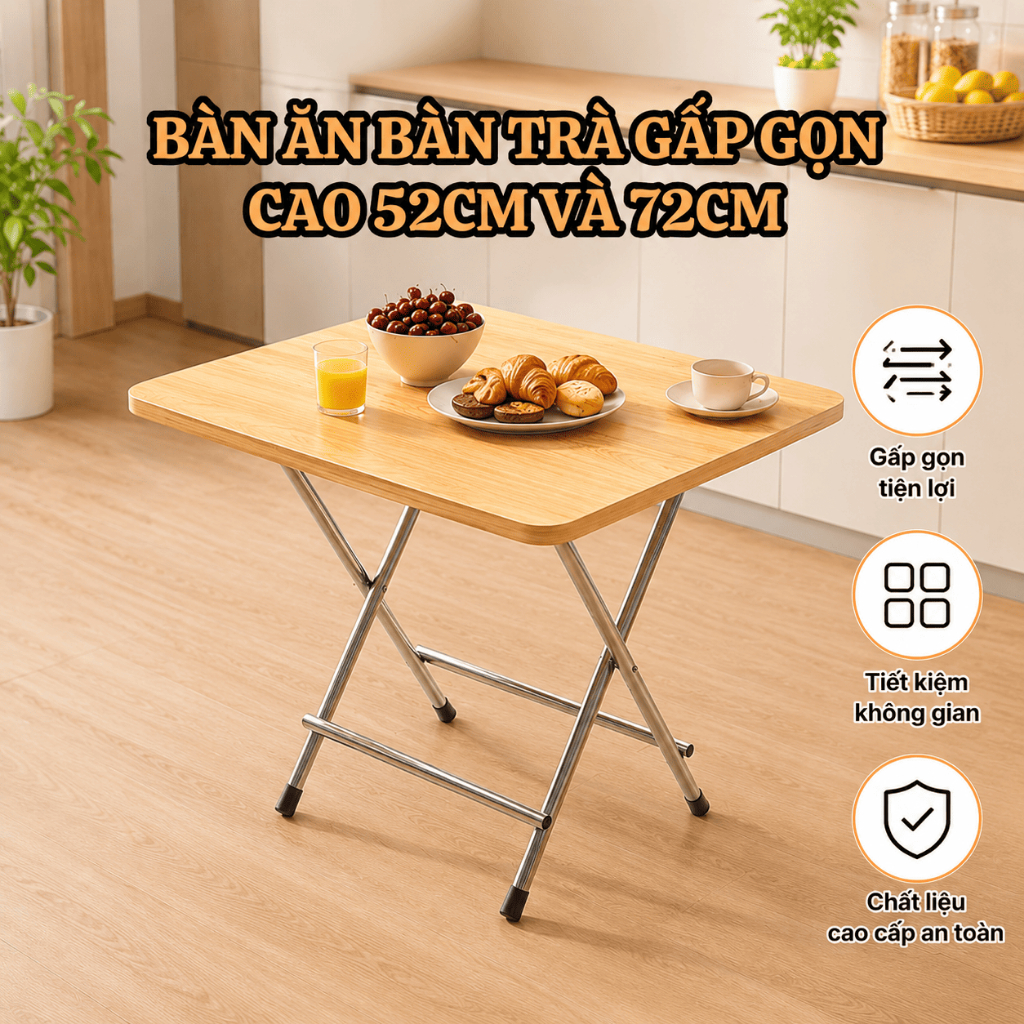 Bàn Học Bàn Ăn Gấp Gọn Khung Inox (60x40x52cm/ 80x80x72cm) - Bàn Làm Việc Chân Cao Chống Rung Đa Năn
