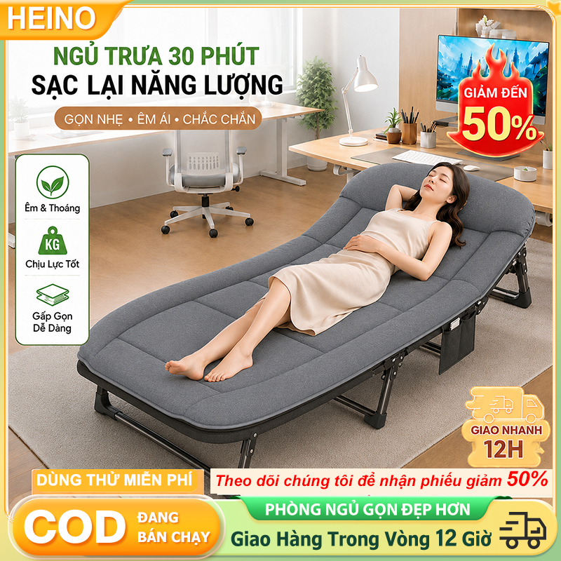 Giường Gấp Gọn HEINO Màu Xám 3 Kích Thước 180/190/200cm Kèm Túi Đựng Tiết Kiệm Diện Tích