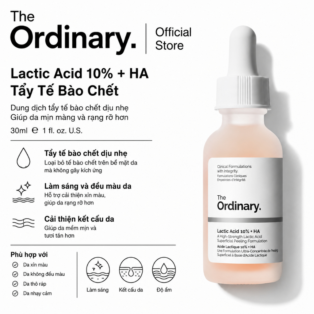 [The Ordinary Official] Lactic Acid 5% + HA 30ML / Lactic Acid 10% + HA 30ML | Tẩy da chết, làm sáng