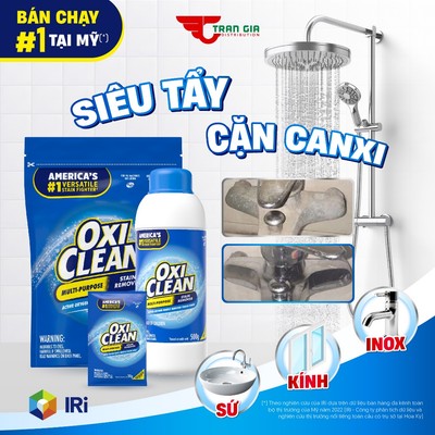 Bột Tẩy Cặn Canxi Oxiclean giúp tẩy cặn inox, vòi hoa sen, vòi nước nhà tắm, gạch men ố vàng
