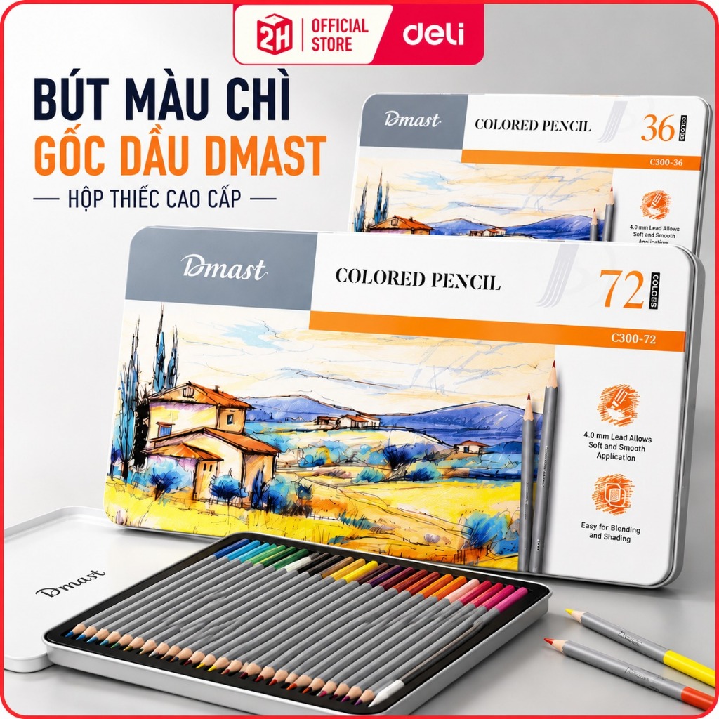 Bút Màu Chì Gốc Dầu Deli Dmast Hộp Thiếc – Bút Chì Màu Cao Cấp 24-72 Màu Chuyên Nghiệp, VPP