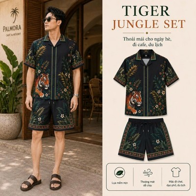 Set Bộ lụa Tiger Jungle MKCLEVER chất lụa mịn mát, thoáng mát, co giãn, form dáng thoải mái, trẻ trung