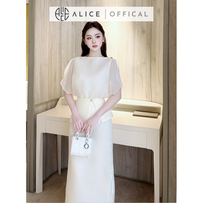 Set Đồ Thiết Kế Thanh Lịch Alice Chất Tơ Óng Hàn Áo Cổ Thuyền Chiết Eo Nhẹ Tôn Dáng, Chân Váy Dáng Dài Phối Tơ S928