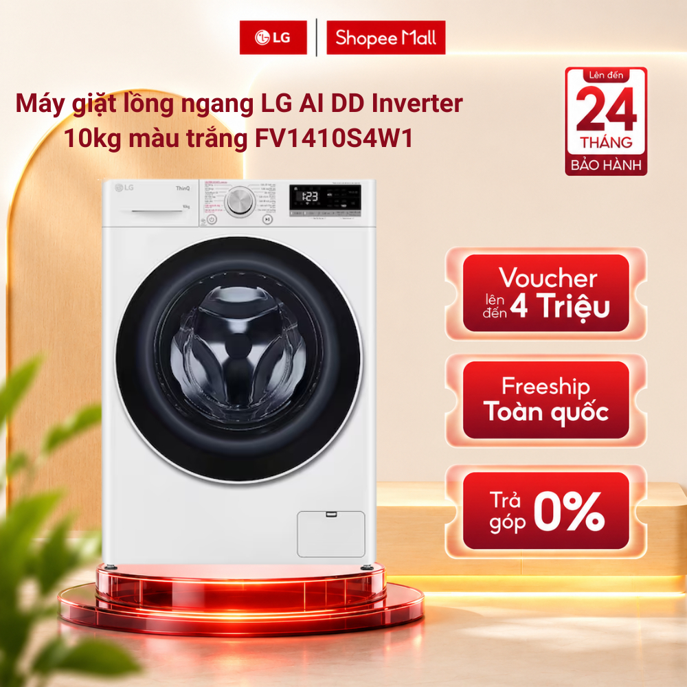 [Phí Lắp đặt 0Đ HN HCM] - Máy giặt lồng ngang LG AI DD™ Inverter 10kg màu trắng FV1410S4W1 Chính Hãng