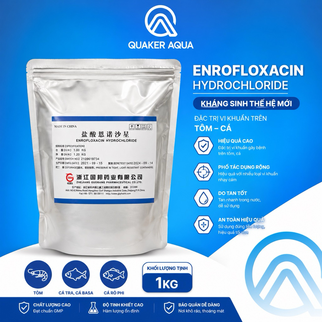 Enrofloxacin Hydrochloride (Enro HCl) 1KG – Nguyên Liệu Thú Y Thủy Sản – Dạng Bột Mịn – Độ Tinh Khiế