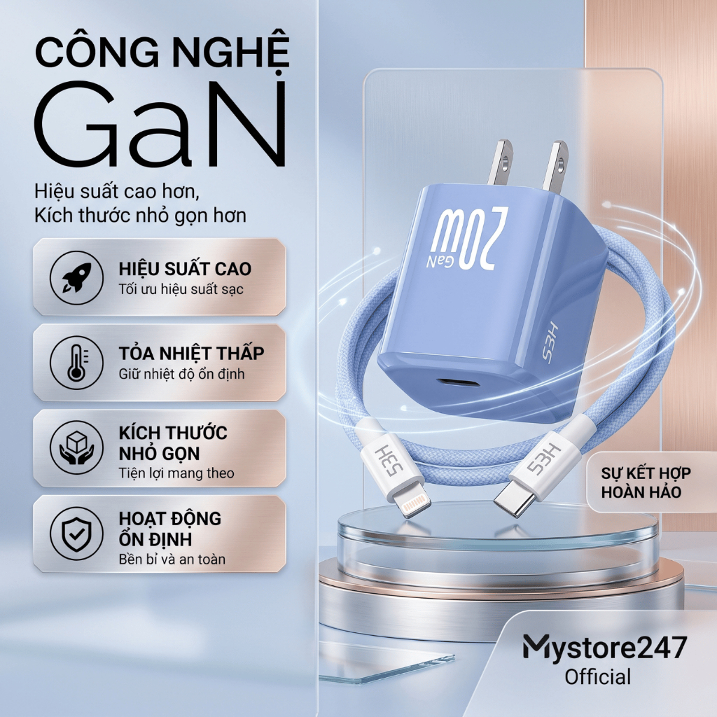 Bộ Sạc Nhanh PD 20W Công Nghệ Gan Cao Cấp Củ Sạc 20W + Cáp Type-C to Lighting Bọc Dù – Dài 1m 2m 3m