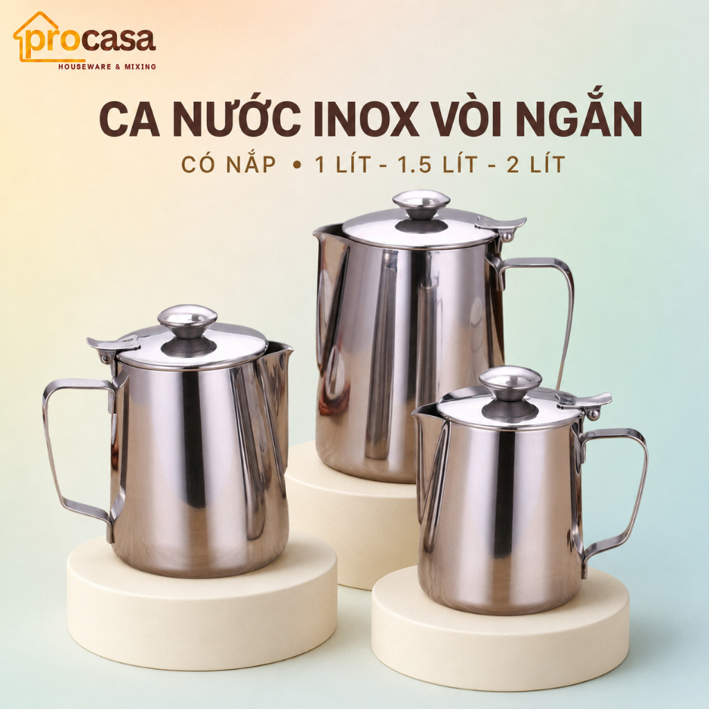 Bình đựng nước - ấm rót nước inox có vòi ngắn có nắp - 1 lít - 1.5 lít - 2 lít - Ca rót nước inox dà