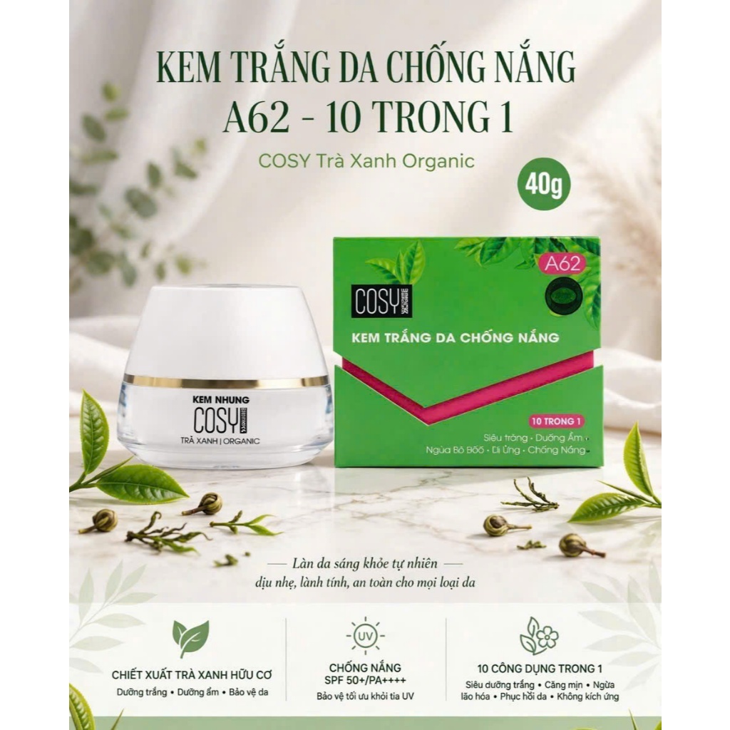 kem cosy white trà xanh dưỡng trắng da chống nắng 40g