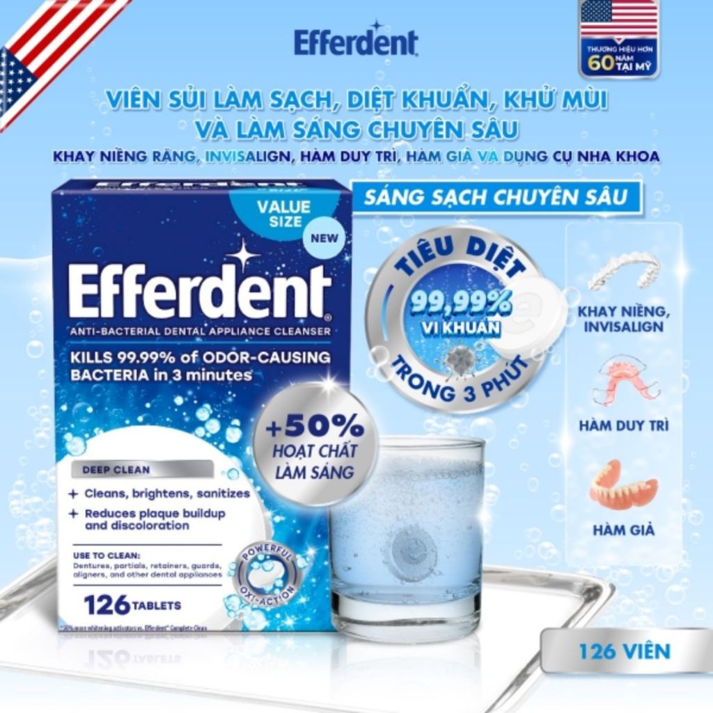 Viên Sủi Efferdent Deep Clean Vệ Sinh Khay Niềng Trong Suốt, hàm duy trì, hàm giả tương tích Invisal