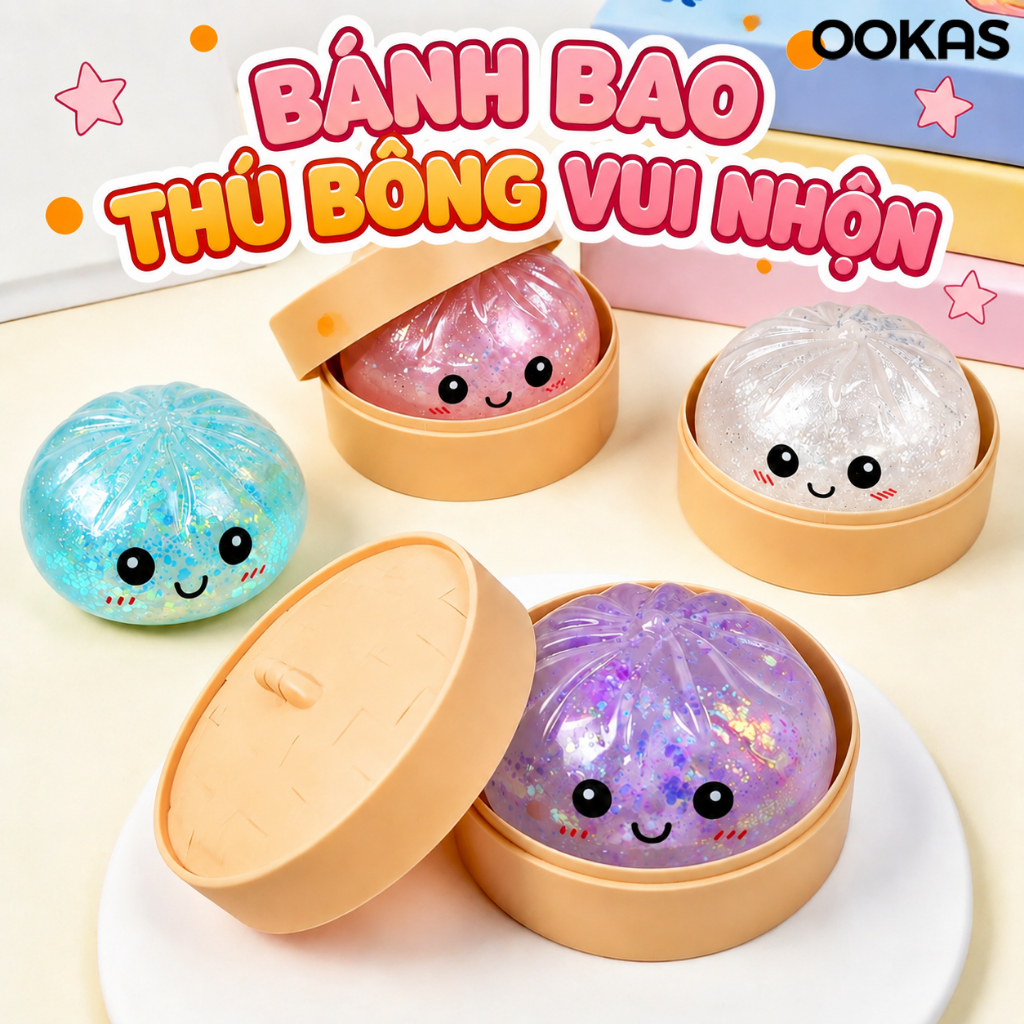 OOKAS Bánh Bao Squishy Lấp Lánh Đồ Chơi Bóp Tay Xả Stress Siêu Mềm- Vật liệu an toàn
