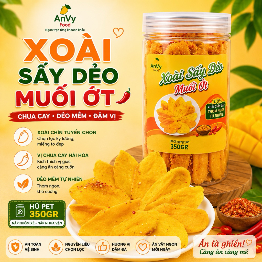 Xoài Sấy Dẻo Muối Ớt Hũ PET 350Gr-Chua Ngọt,Cay Nhẹ | AnVy Food