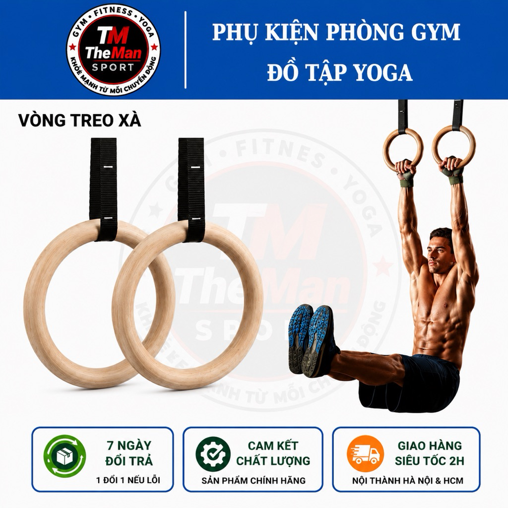 Bộ 2 Vòng Treo Gymnastic Rings Hỗ Trợ Tập Dip Với Xà Đơn, GYM Ring Ngoài Trời (1 Đôi)