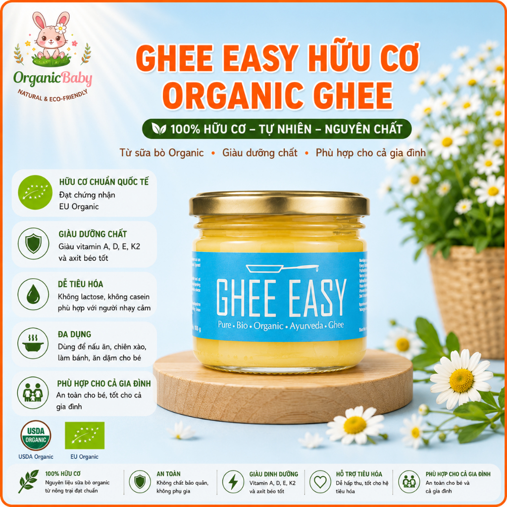 Bơ Ghee Easy Hữu Cơ– Bơ Hà Lan Cao Cấp, Giàu Vitamin A D E K, Nấu Ăn Lành Mạnh