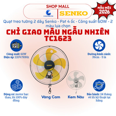 [HỎA TỐC] Model 2026 - Quạt treo tường 2 dây giật Senko TC1623 - Công suất 60W - Giao màu ngẫu nhiên