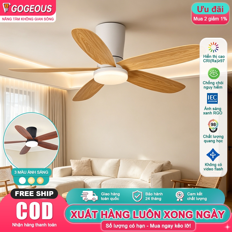 Quạt Trần Đèn 42 Inch 5 Cánh | Motor DC| Đèn LED 3 Màu | Điều Khiển Từ Xa | Quạt Trần Phòng Ngủ