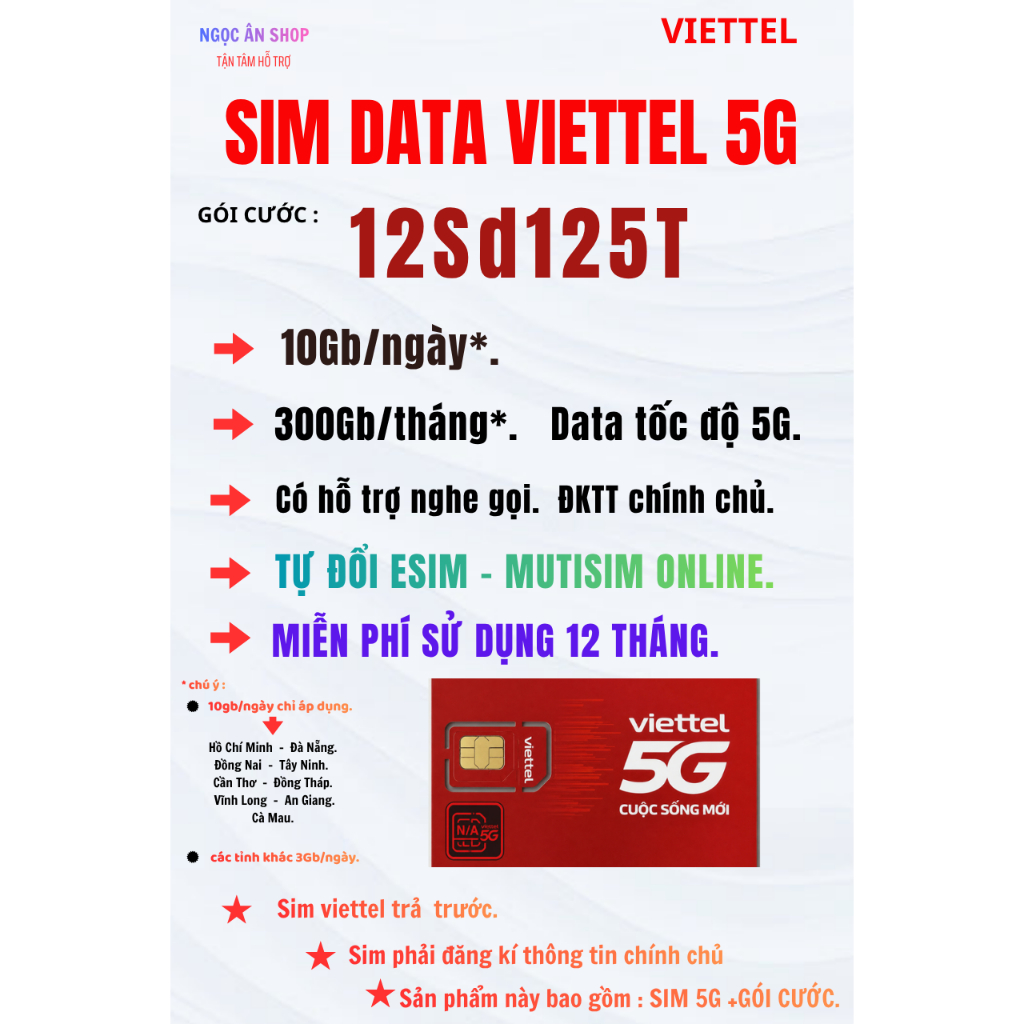 [ 12SD125T ]. SIM DATA 5G VIETTEL. 10Gb/ngày.