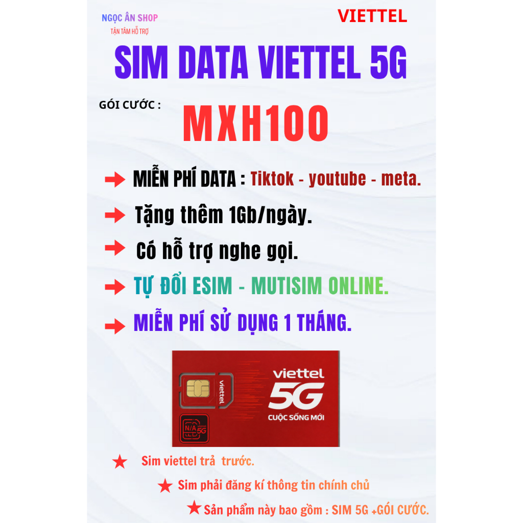 [ MXH100 ]. SIM DATA 5G VIETTEL. MIỄN PHÍ XEM YOUTUBE - TIKTOK - META.
