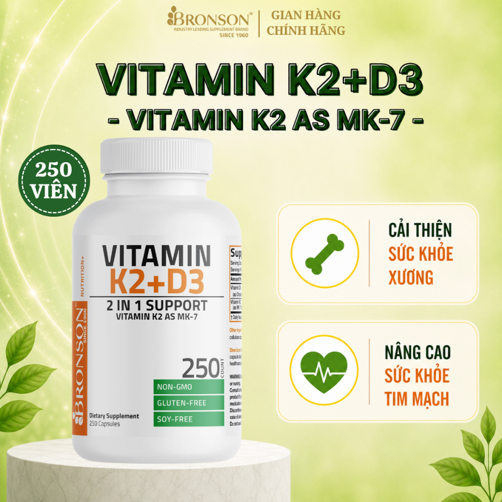 [NEW 2026] Viên Uống Bronson Vitamin K2 + D3, Vitamin K2 as MK-7, Hỗ Trợ Tăng Cường Sức Khỏe Xương