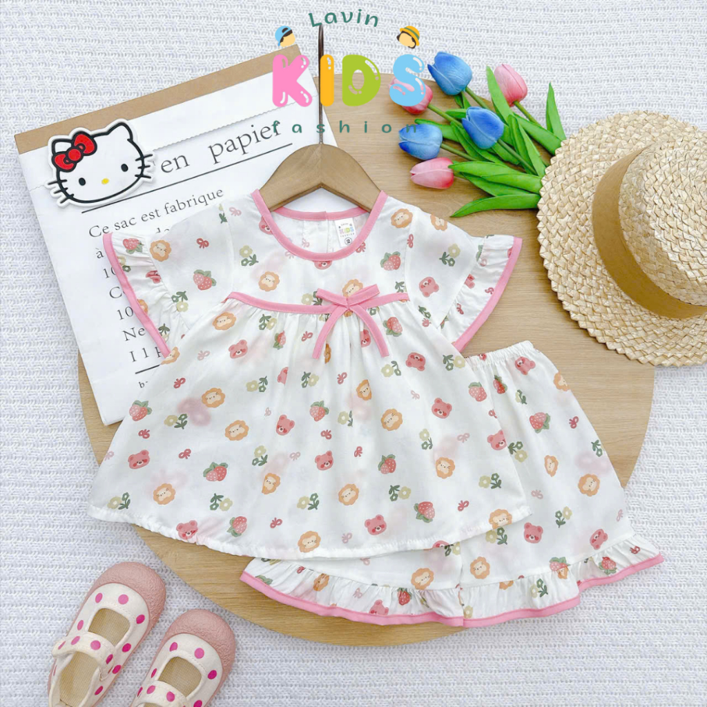 Bộ tole lanh phối viền áo nơ viền quần size 7-18kg- Lavin Kids