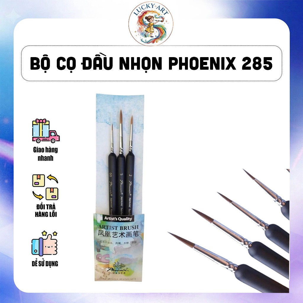 Bộ Cọ Đầu Nhọn Phoenix 285 - 3 Cây Thân Mập (Lucky Art)