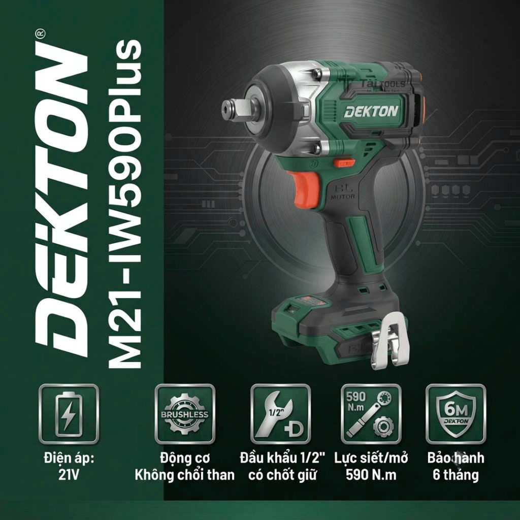 Máy siết bulong pin 21V Dekton M21-IW590Plus lực 590Nm, motor không chổi than, SOLO không kèm pin