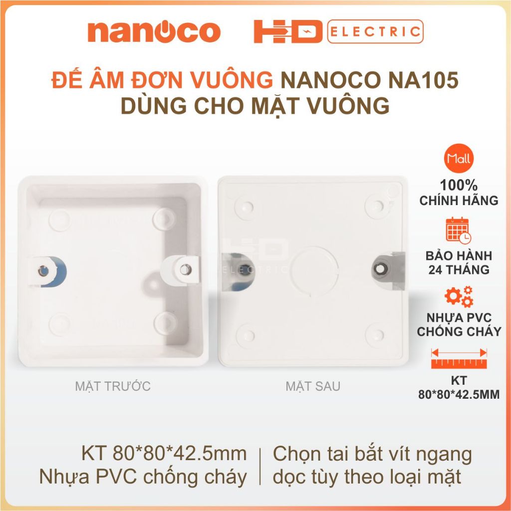 Đế Âm đơn Vuông Nanoco NA105 nhựa PVC chống cháy dùng với mặt vuông KT 80*80*42.5mm